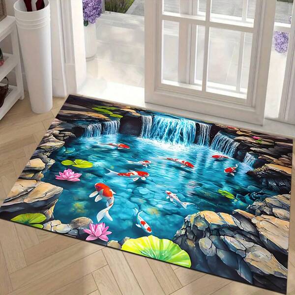 1 pièce Paillasson en polyester absorbant l'eau avec motif de carpe Koï et d'étang, design vibrant de cascade et de carpe Koï, convient pour la salle de bain, la chambre, la cuisine, l'entrée du salon
