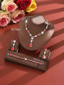 Fashion Wedding Water Drop Rhinestone Earrings Necklace Bracelet Set - 1662796 Red Suit - View 4