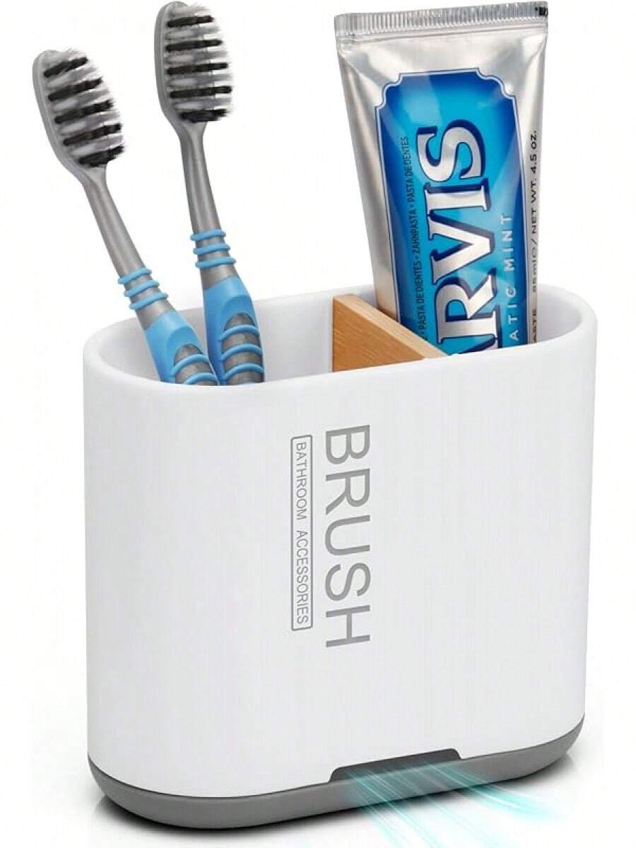 带分隔板的牙刷牙膏架浴室台面收纳架，2槽牙刷架储物架带排水功能，家庭装，S（木纹） - 白色 - 查看 1