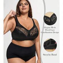 Plus Size Bras, For Women Comfortable Lace Minimizer Wireless Bra ,Full Coverage T Shirt Bras - Black - View 2