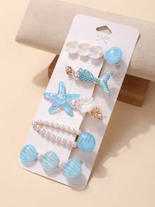 5pcs/Pack Mermaid Shell Hair Clips, Cute Kawaii Lovely Girls Side Crab Clips, Korean Fashion Bangs Hair Accessories - Multicolor - View 4