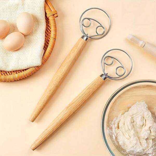 1pc Professional Stainless Steel Danish Dough Mixer - Wooden Hand Mixer And Scraper - Dual Hole Design, Easy Mixing, Stirring And Whipping - Ideal For Restaurants, Food Trucks And Bakeries