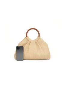 Woven Straw Tote Bag, Minimalist Design, Large Capacity, Round Handle, Ideal For Summer Vacation - Apricot - View 3