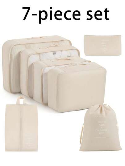 7pcs/Set Travel Packing Cubes Set, Multi-Functional Organizer Bags, Large Capacity Zipper Bags, Handheld Travel Bag, Organizer Pouch, Mesh Bag, Cosmetic Bag, Shoe Bag, Bottle Sleeve, Drawstring Bag, Suitable For Clothes, Underwear, Cosmetics, Toiletries