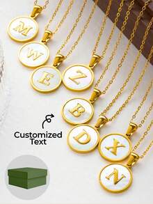 1pc Personalized White Shell Letter Necklace, Stainless Steel Material, Non-Fading, Women's Letter Necklace - Gold - View 1
