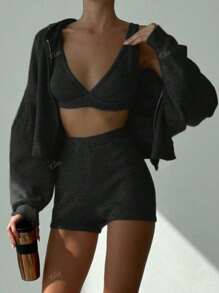 3pcs Women Casual Solid Color Bra, Shorts, And Hooded Jacket Set