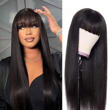 28.3 Pulgadas Peluca Negra Larga Lisa con Flequillo y Malla Interior, Peluca Negra Larga Lisa Ajustable con Flequillo Mujer Resistente al Calor Elegante Peluca Sintética Suave para Cosplay Fiesta Uso Diario y Ocasiones Especiales - Negro - Ver 5