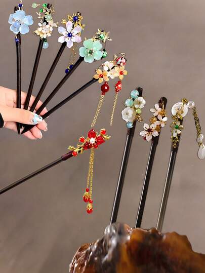 复古花朵流苏发簪，中式木质发簪，适合女性户外、旅行、摄影、度假、圣诞节、节日礼物、头部饰品、女士发饰