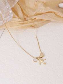 1 件优雅锆石镶嵌心形和飞机吊坠项链，适合女性佩戴，适合度假、旅行、日常、约会、派对、节日礼物 - 金黃色 - 查看 4