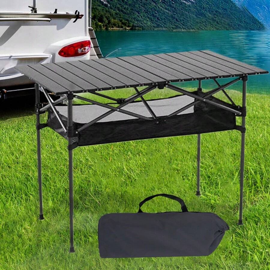 Folding Portable Camping Table Aluminum Outdoor Table Storage Cover & Carry Bag - Black - View 1