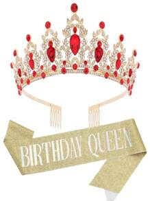 2pcs/Set Baroque Style Rhinestone Zinc Alloy Birthday Crown + Sash Suit, Suitable For Birthday Party, Birthday Queen Tiara Headpiece + Shoulder Strap Accessory