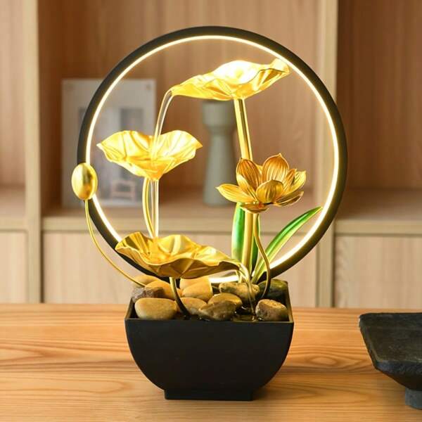 1 pieza Fuente de escritorio mini alimentada por USB, con decoración de estilo antiguo oriental que presenta flores de loto doradas y piedras naturales de río - Diseño elegante circular de vidrio, adecuado para colocar en la decoración del hogar u oficina, fuente de interior | Diseño circular elegante | Flores de loto de metal