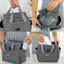1pc Elegant Floral & Letter Tote Bag - Insulated Lunch Bag, Made Of Durable Polyester, Grey With Pink Flowers & Green Leaves, Suitable For Office, School And Outdoor Picnic