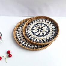 1pc Handmade Rattan Cutlery Tray, Round Rattan Tray, Snack Tray, For Table Decoration Placing Coffee, Bread,Fruit - Apricot - View 8