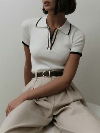 Fitted Short Sleeve Polo Collar Top, Casual & Professional Versatile Summer New Rib Knit Contrast Color T-Shirt For Women