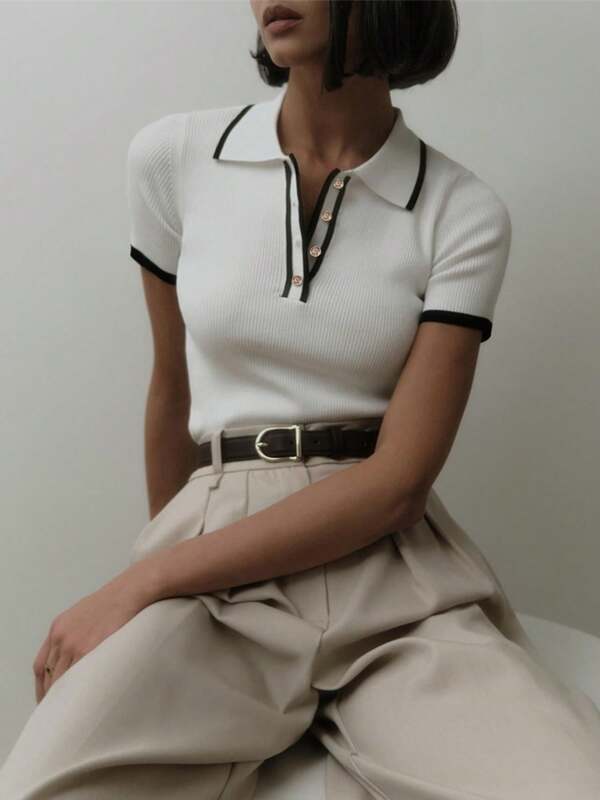 Fitted Short Sleeve Polo Collar Top, Casual & Professional Versatile Summer New Rib Knit Contrast Color T-Shirt For Women