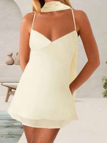 Women Mini Dress Floral Print/Solid Color Sleeveless Cami Dress Summer Backless Dress With Choker Scarf