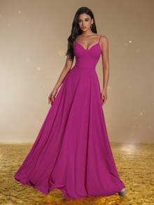 Smilprince Vestido largo de línea A con tirantes finos color fucsia, vestido de dama de honor sencillo, vestido formal elegante de largo maxi, vestido de graduación y fiesta para mujeres, atuendo de graduación - Rosa Fucsia - Ver 3
