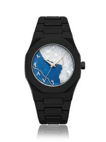 1 pieza Reloj de pulsera de cuarzo clásico y creativo para hombre, de estilo casual de negocios en azul, negro y rosa, con diseño de números arábigos y dibujos animados, adecuado para la oficina, deportes, cumpleaños, regalo para días festivos