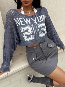Summer Alphanumeric Hollow Crochet Short Y2K Hot Girl Long Sleeved Vacation Rave Outfits - Grey - View 2