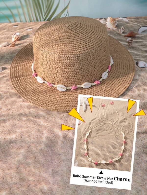 1 Stück Boho Urlaubsstil Hibiskus, Muschel, Seestern gewebter Strohhut Charms, Frühling/Sommer Strand Hut Accessoire (Hut nicht enthalten)