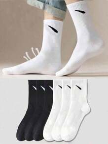 6 Pairs Unisex Black & White Mid-Calf/Crew Socks, Minimalist Design Comfortable Casual Socks Suitable For Daily Wear, Home, Travel, Sports, All Seasons