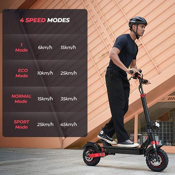 Patinete eléctrico, motor de 1000W, iScooter iX5S, batería de 48V 15Ah, neumáticos de 11 pulgadas, velocidad máxima de 25 km/h, autonomía de 40 km, frenos de disco dobles, amortiguadores delanteros y traseros.