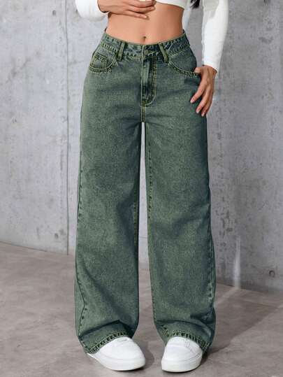 Quần jean nữ dáng casual, khóa kéo phía trước, màu xanh lá cây, có túi, kiểu dáng tối giản, chất liệu cotton không co giãn, mềm mại và thoải mái, vải mỏng nhẹ, thích hợp cho mùa xuân/hè, trang phục đi nghỉ mát.