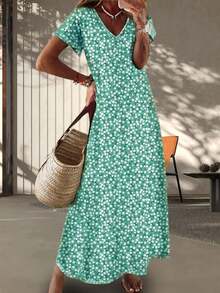 Fashionable Casual Vacation Ditsy Floral V-Neck Long Dress, Lightweight Elegant Women Versatile Slim Fit Dress For Outdoor, Home, Travel, Work, Spring/Summer - Dark Green - View 4