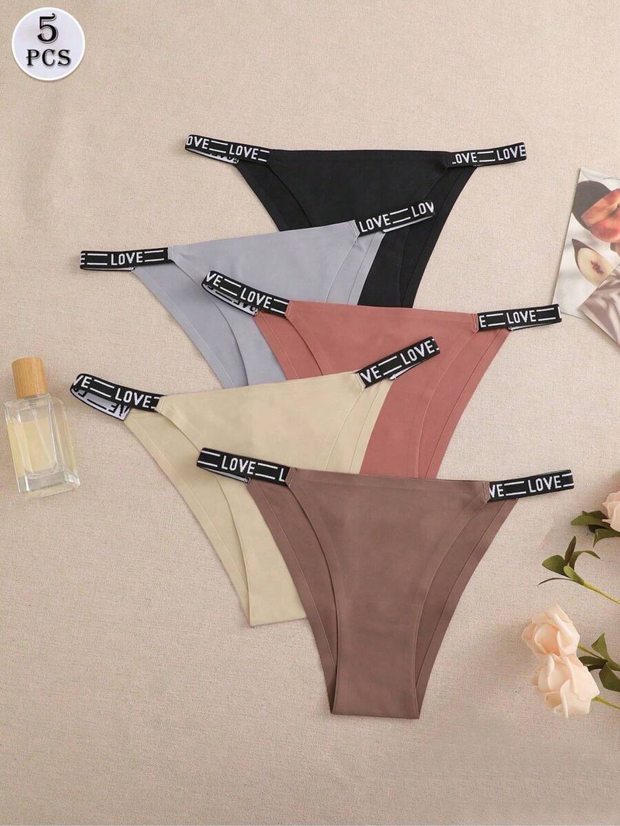 5pcs/Set Ladies' Seamless Letter Waistband Breathable Comfortable Triangle Panties - Multicolor - View 1