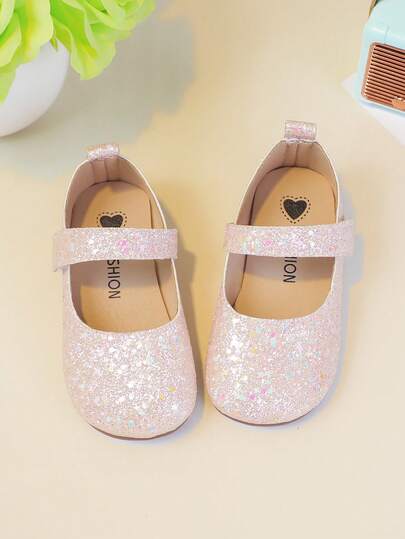 1 Pair Pink Girls Glitter Material Cute Fashion Flat Square Toe Shoes, Premium Material Soft Breathable Lightweight Comfortable, Suitable For Elementary And Middle School Students, Outdoor, All Seasons, Travel, Party, Holiday, Vacation, Back To School, School Campus Commute