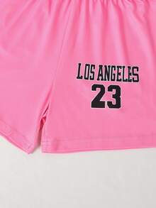 مجموعة رياضية أنيقة للبنات بقماش مرن منسوج، توب أكمام قصير باللونين الوردي والأسود مع تصميم الرقم 23، وشورت مطابق، مناسبة للرياضة والعب في الربيع والصيف، ملابس رياضية للبنات، ممتازة للأنشطة الخارجية