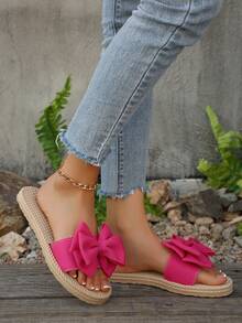 全新舒适休闲大码女式平底一脚蹬凉鞋，蝴蝶结装饰，露趾，时尚，适合海滩、度假、夏季 - 玫紅色 - 查看 4