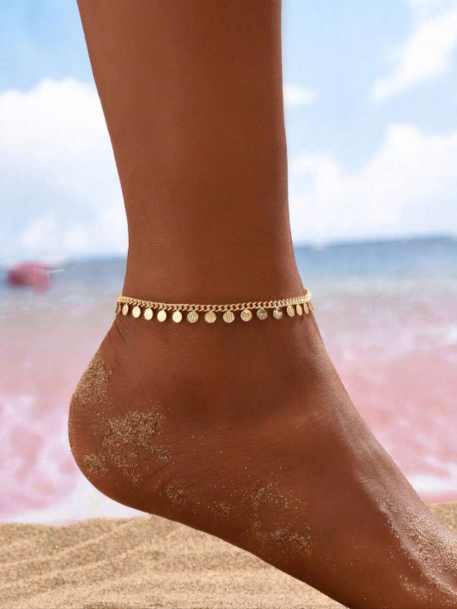 1pc Minimalist Retro Style Round Disc Tassel Anklet, Suitable For Summer Holiday And Casual Wear - Gold - View 1