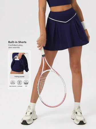 Sodalemon 女士拼色隐形口袋松紧腰户外普拉提网球短裙休闲瑜伽高尔夫运动裙
