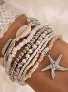 7 peças/Conjunto Pulseiras Femininas de Conchas e Estrelas-do-Mar com Contas, Acessórios de Praia e Diários