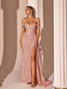 ADYCE 闪亮心形领口褶皱腰身长款缎面系带前开衩露背派对礼服，亮片圣诞派对正式礼服 - 淺粉色 - 查看 1
