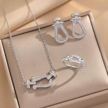 1 Stück modischer Luxus Schmuckset mit kubischem Zirkonia und Hufeisen-Verschluss, bestehend aus Halskette, Ohrringen und Ring, elegant und vielseitig einsetzbar, perfektes Geschenk für Frauen