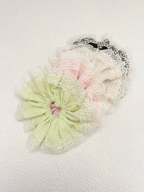 1 Piece Large Size Solid Color Flower Lace Scrunchies Fashion Elegant Cute Hair Tie For Women Ladies Suit Travel Daily Use Green Pink Black Beige Color