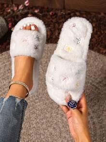 秋冬女士刺绣蝴蝶结家居拖鞋，四季皆宜的毛绒室内拖鞋，平底带女士拖鞋，家用地板拖鞋，蓬松拖鞋 - 多色毛邊蝴蝶 - 查看 4