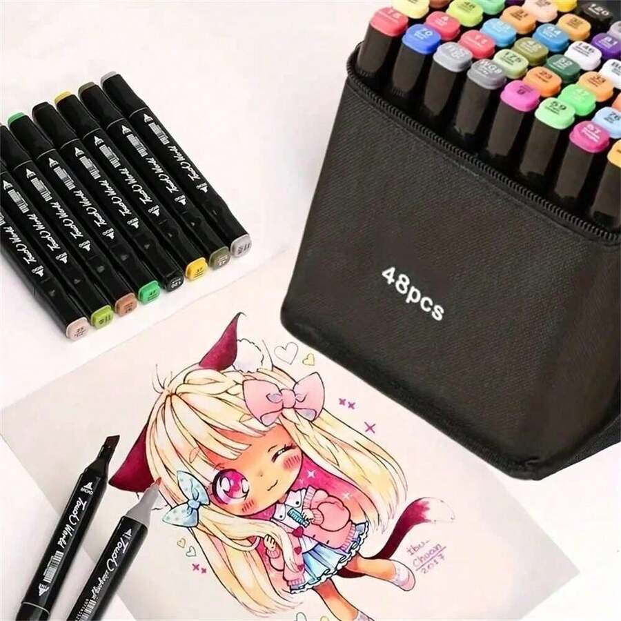 48-Color TongfuShop Art Markers Set - Vibrant, Blendable, And Non-Staining Markers For Art Beginners - Perfect For Coloring, Drawing, Sketching, Card Making, And Illustration With Free Pad - Black - View 1