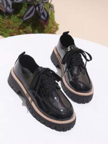 Women's Black Platform Chunky Heel Loafers, Thick Sole British Style French Leather Lace-Up Casual Shoes