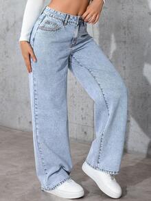 Halloween, Christmas, New Year, Thanksgiving, Light Blue Wide Leg Denim Jeans For Women Washed Effect Non-Stretch Fabric With Pockets Zipper And Button Detail Long Casual Style, Non Stretchy, Casual And Elegant Style