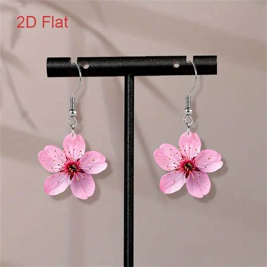 优雅的粉色樱花耳环 - 精致的 2D 亚克力吊坠耳环，樱花设计，女士时尚派对，日常佩戴配饰，防过敏，送给家人和朋友的完美礼物 - 彩色 - 查看 1