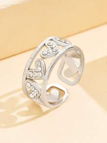 1 pieza Anillo abierto ajustable con hermosas piedras de diamante, anillo de acero inoxidable con forma de corazón, chapado en oro de 18K, joyería multiusos para mujer, para uso diario