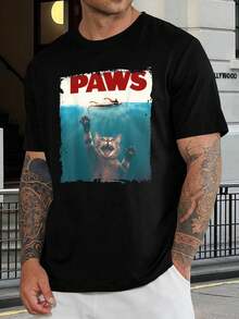 Camiseta PAWS Cat Attack - Divertida camiseta de parodia de Jaws para amantes de los gatos | Camisetas gráficas geniales de algodón suave con cuello redondo para hombres y mujeres - Negro - Ver 1