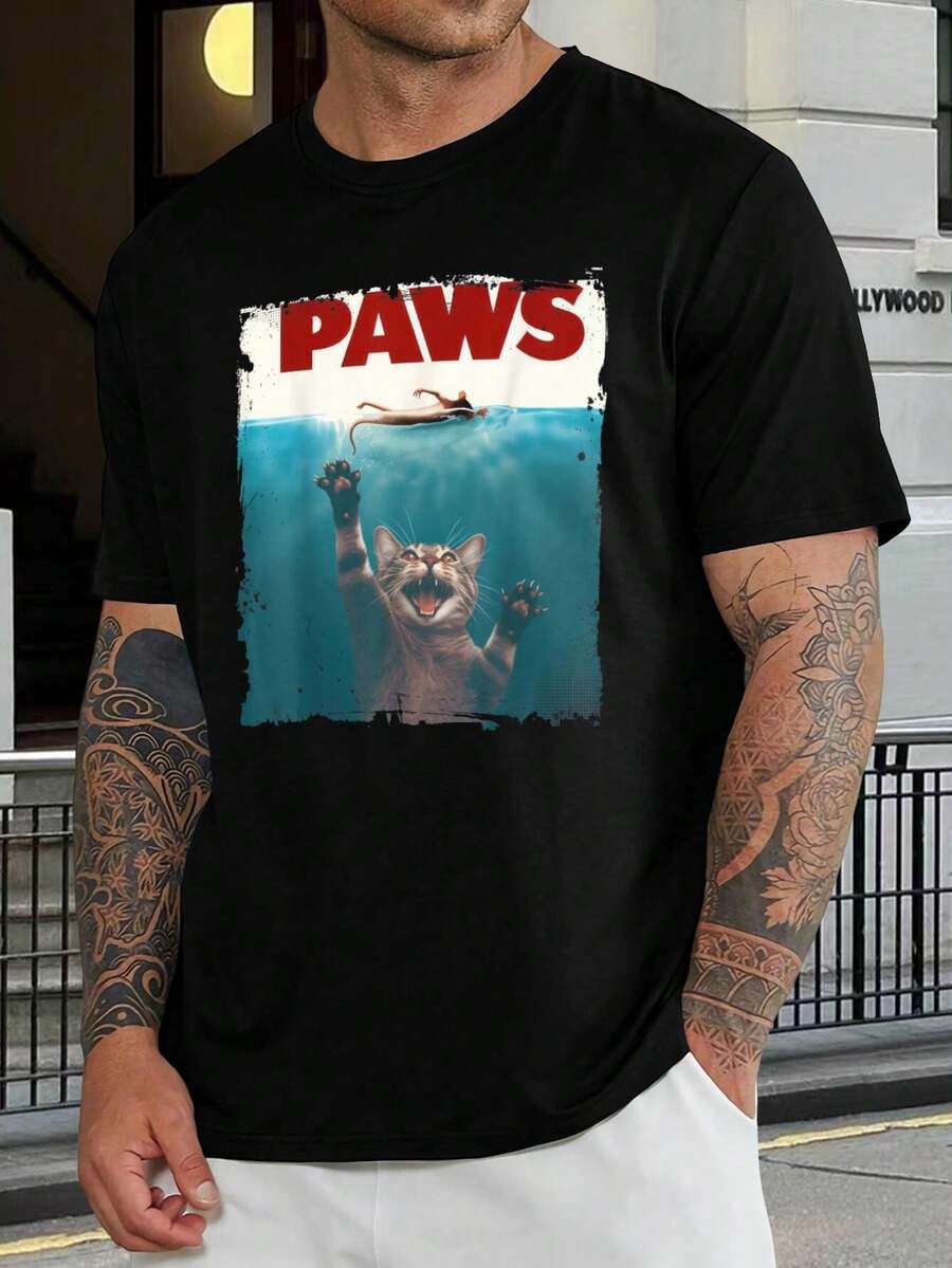 Camiseta PAWS Cat Attack - Divertida camiseta de parodia de Jaws para amantes de los gatos | Camisetas gráficas geniales de algodón suave con cuello redondo para hombres y mujeres - Negro - Ver 1
