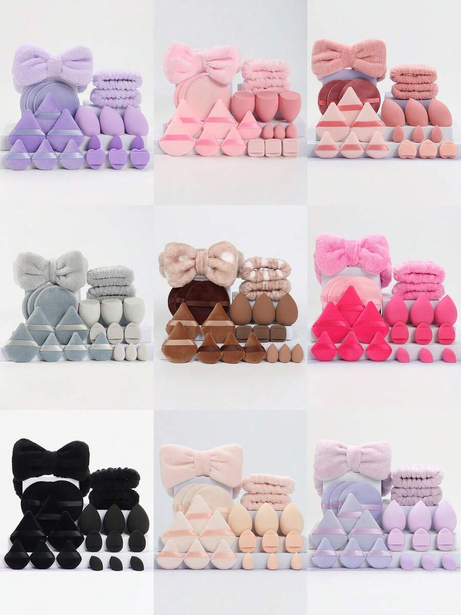 21件套化妆刷套装，包含1个头带、2个腕带、3片卸妆棉、3个粉扑、3个迷你粉扑、3个化妆海绵、3个迷你化妆海绵和3个迷你气垫粉扑，以及粉底调色美妆海绵，适用于无瑕液体、膏状和粉状产品。多色化妆海绵，干湿两用，不含乳胶，适合所有肤质。采用超柔软天鹅绒材质，专为修饰眼部和眼角而设计，配有粉底调色铲。套装包含气垫粉扑、不含乳胶的调色海绵和化妆海绵，适用于液体粉底、粉状粉底和遮瑕膏。适合所有肤质。可重复使用的卸妆棉，双面可水洗卸妆巾，圆形设计，适用于面部和皮肤护理，蓬松海绵，可清洁浓妆，适合所有肤质。价格实惠，适合作为圣诞礼物、化妆品、化妆工具、便宜货、礼物、女士礼物、圣诞礼物。