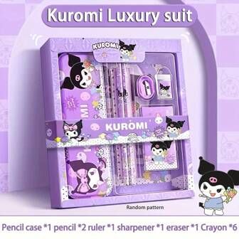 Sanrio 6/12 pièces Set de papeterie Sanrio Kuromi, comprenant crayon, gomme, règle, fournitures scolaires et cadeaux, rentrée scolaire