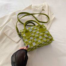 Nuevo bolso de mano de primavera/verano con bloque de color, cuadros y flecos, bolso de hombro cruzado casual y versátil para mujer